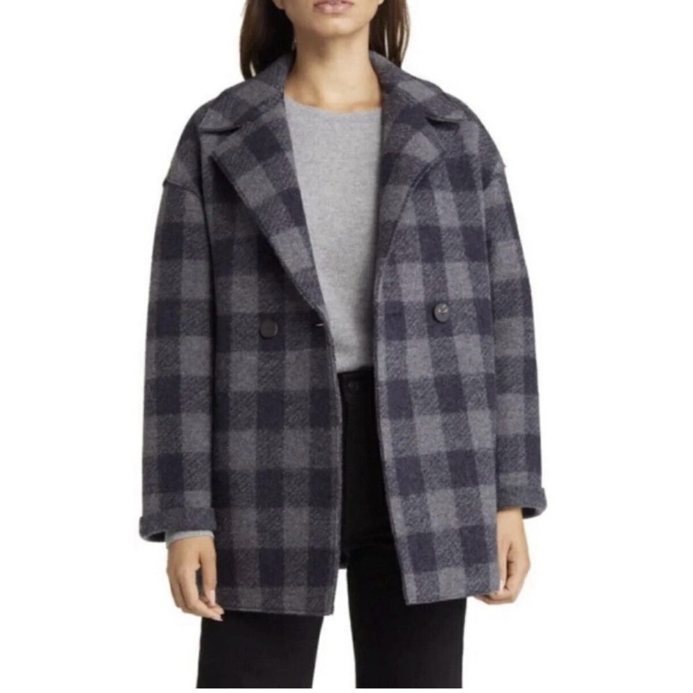 Women's Navy Checkered Pea Coat